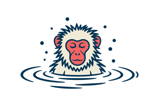 Cartoon red faced monkey relaxing in hot spring with closed eyes and steam bubbles