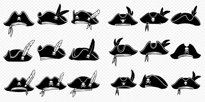 Set of pirate hats with feathers and skull decorations, isolated on transparent background.