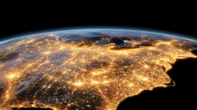 Satellite view of Earth at night, urban light pollution spreading like a glowing golden fungus across continents, obscuring the natural darkness