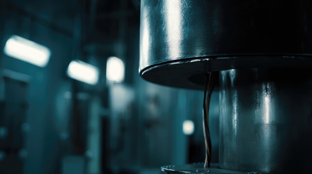 Liquid asphalt dripping and coating electrical wires as part of a continuous manufacturing process for cabling production within a large scale industrial factory environment