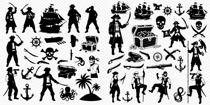 Pirate and nautical themed silhouettes including ships, treasure chests, weapons, and characters for adventure designs.
