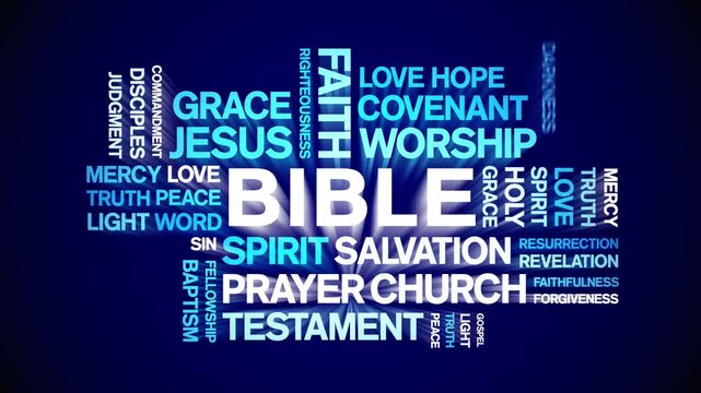 Bible animated word cloud-text design animation tag kinetic typography seamless loop.