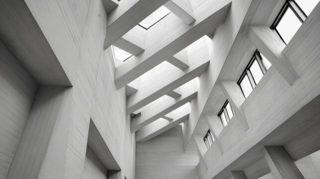 View upwards inside a brutalist concrete atrium, huge asymmetric skylights cutting the concrete, dramatic diagonal sunbeams, dust motes dancing