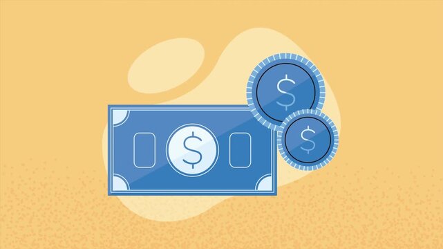 Animated money icons featuring dollar bill and coins on yellow background.