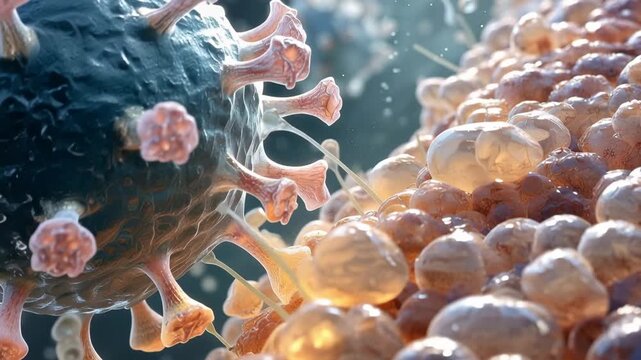 Microscopic view showing multiple coronavirus virions approaching and attacking a human cell, representing the initial stages of a viral infection and the subsequent invasion of the organism