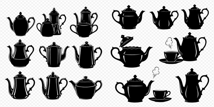Collection of various black teapot and teacup silhouettes on a transparent background, perfect for design elements.