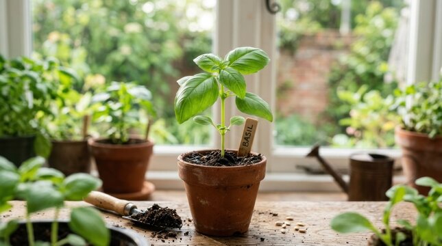 A basil plant in a terracotta pot with a wooden cutting board in a well-lit room with green plants in the background.