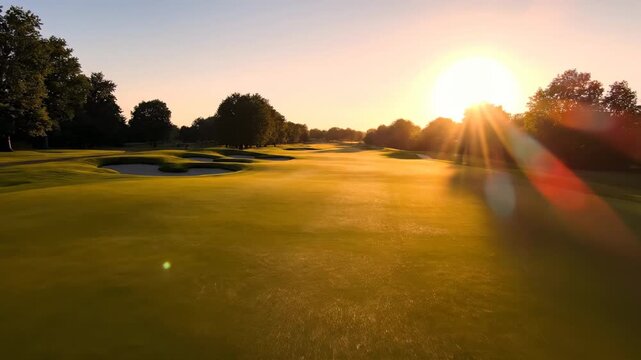 Golf course fairway at sunrise, green grass with morning dew and sun flare, peaceful outdoor recreation, sport and leisure