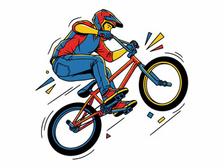 Naklejka premium Dynamic comic book style illustration of a professional bmx rider performing a trick in mid air.