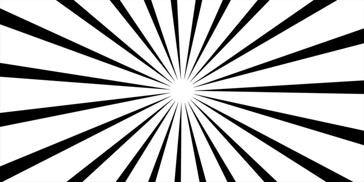 Black and white sunburst radial rays background. Abstract comic speed lines, circular geometric pattern for poster, banner, and graphic design.