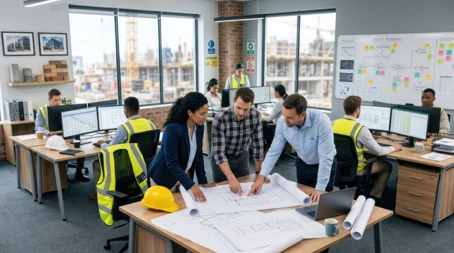 A group of people working in a modern office with a construction site visible through the window.