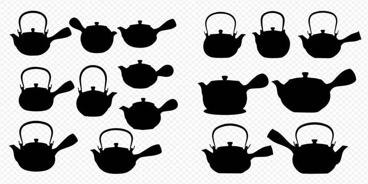 Collection of traditional Asian cast iron teapots in various silhouette designs, perfect for hot beverage serving.