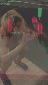 Vertical video: Woman stepping onto box, doing box squat for fitness with chart overlay NIKKEI HSI