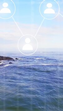 Vertical video: Seascape showing white ring appearing, UI nodes fading in and forming network links