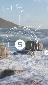 Vertical video: circular HUD pulsing, scaling on wave crash, camera shifting right showing money