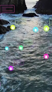 Vertical video: Camera pulling back avatar badges and chat bubbles drifting to reveal rocky horizon