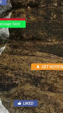 Vertical video: Mouse clicking starting subscribed banner piling badges over shore showing interest