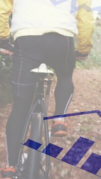 Vertical video: Cyclist taking first pedal on leaf trail, blue overlay showing cadence for fitness