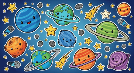 Cartoon planets with smiling faces. © Bear