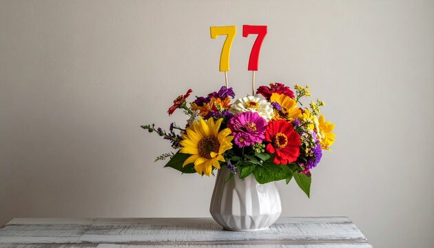 Vibrant Flower Bouquet with Number 77 for Birthday or Anniversary Celebration