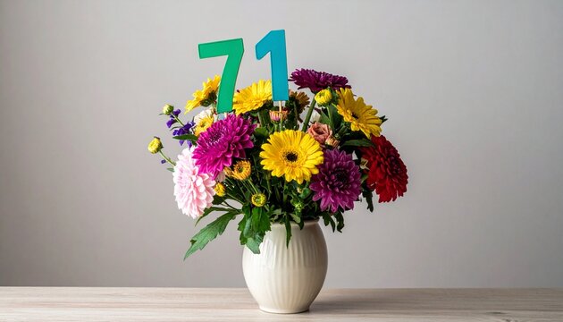 Vibrant Flower Bouquet with Number 71 for Birthday or Anniversary Celebration