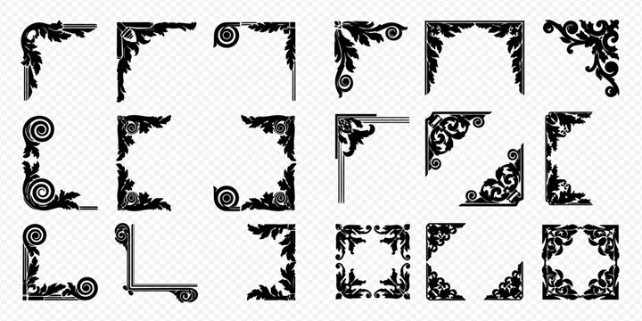 Set of decorative corner frames with ornate floral and scroll patterns for elegant design elements.