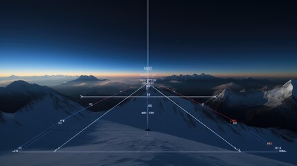 Obraz premium Future flight simulation perspective showing a head up display overlay with navigation data while flying over snow covered mountains during the blue hour with a clear sky