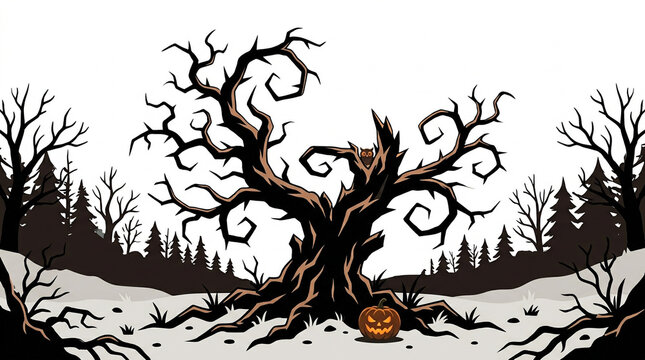 Spooky Minimalist Twisted Tree with Owl Halloween Flat Clipart