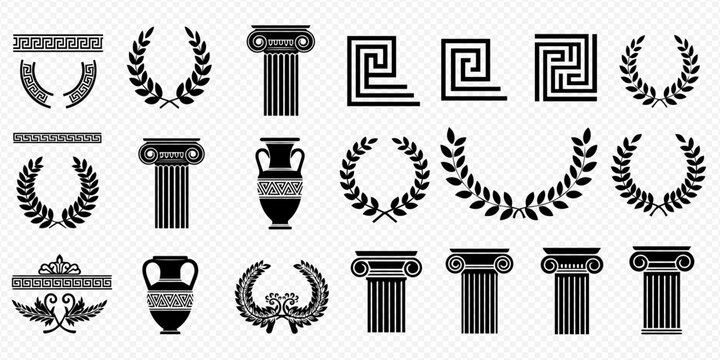 Set of ancient Greek and Roman design elements including columns, wreaths, and amphorae, isolated on a transparent background.