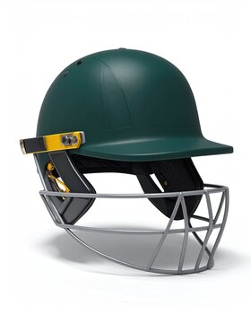 Dark green cricket helmet with silver face guard and yellow accents