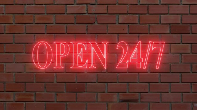 neon open 24 7 sign glowing on brick wall background animation video,urban neon open sign animation with realistic light glow.retro neon open 24 7 text light on dark brick background