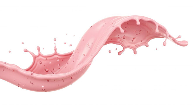 A dynamic wave of creamy pink strawberry milk splashing against a solid black background, featuring liquid droplets and smooth flowing curves