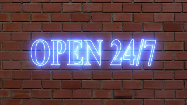 neon open 24 7 sign glowing on brick wall background animation video,urban neon open sign animation with realistic light glow.retro neon open 24 7 text light on dark brick background