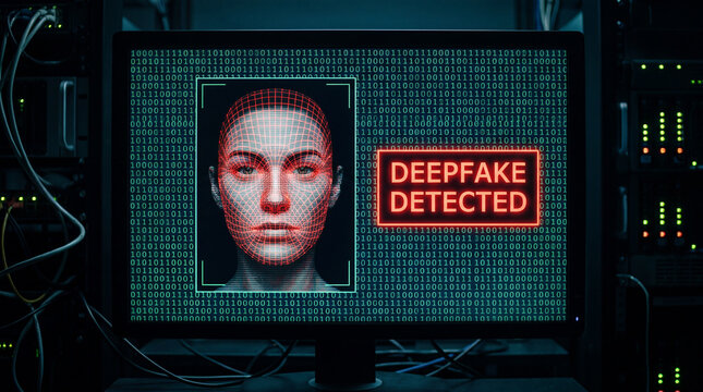 A computer monitor in a dark data center displays a deepfake detection system identifying a synthetic face with a red wireframe overlay against a background of binary code.