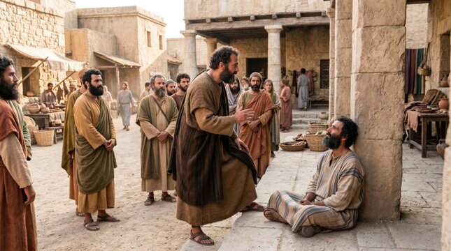 Apostle Paul performing miracle by healing crippled man in Lystra. Biblical scene depicting faith and divine intervention in ancient city. Religious storytelling illustration of miracle.