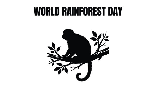 Black silhouette of a monkey sitting on a tree branch for world rainforest day celebration