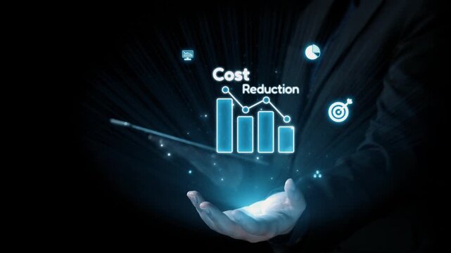 A digital hand reaches towards glowing business icons symbolizing financial growth and cost reduction. The image conveys efficiency and modern corporate strategy. Qubit