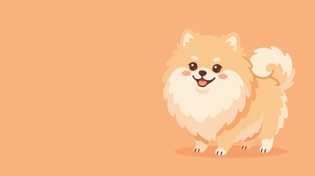 Cute fluffy Pomeranian dog vector illustration with cartoon flat design on soft peach background, adorable smiling puppy artwork for pet branding, posters, wallpapers and web use.