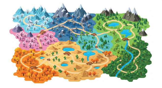 Isometric game map vector with diverse biomes, fantasy world map with desert and forest regions, colorful level selection map for mobile games