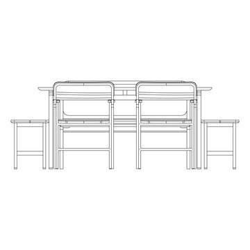 Front view of dining set with bench, two chairs, and two stools in clean outline style, showcasing modern dining furniture.