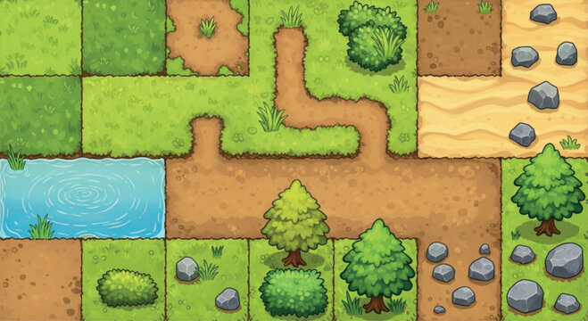 Top-down game map tileset vector, cartoon landscape level design with grass and dirt paths, modular nature environment assets for mobile gaming