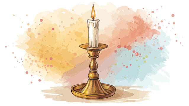 Lit candle in a brass candlestick with watercolor splashes still life candlestick illumination decoration interior illustration watercolor splashes background abstract creativity nostalgia
