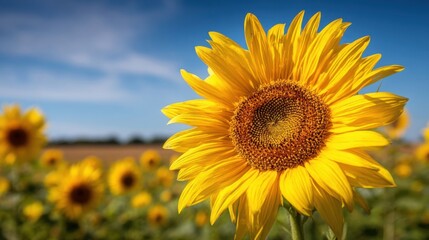 Obraz premium A radiant sunflower in full bloom with yellow petals and brown center stands against a blue sky.