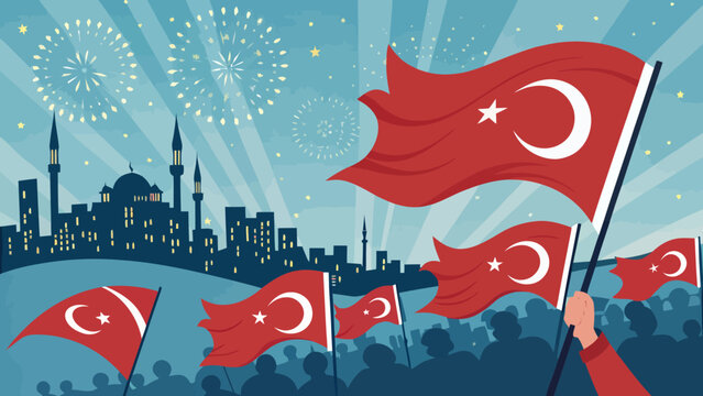 Celebration with turkish flags and fireworks in front of a cityscape turkish flag fireworks celebration cityscape festival national patriotic republic independence commemoration tradition