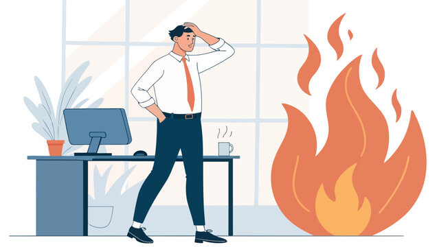 Man panicking in office with large flame flat design business emergency overwhelmed pressure employee caucasian trousers frustration disaster computer illustration metaphor exhaustion