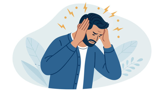 Man with headache and migraine symptoms mental health problem headache migraine suffering discomfort expression lighting illustration character disorder exhausted emotional
