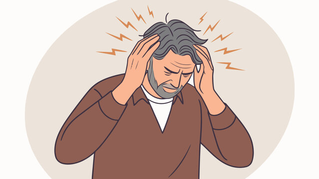 Elderly man experiencing severe headache and pain with mental health problem gray hair facial hair headache migraine suffering discomfort expression lighting illustration character