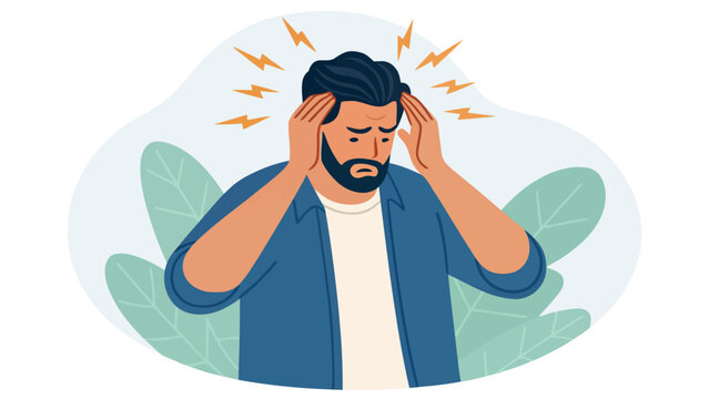 Man suffering from headache and migraine with lightning bolts around his head blue shirt white t shirt dark hair hands on head eyes closed feeling unwell bad feeling headache migraine