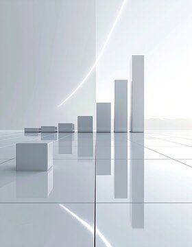 Ascending white bars on reflective surface, symbolizing growth and progress