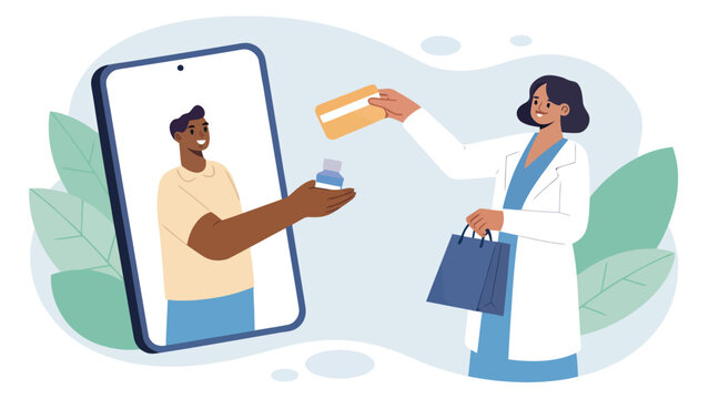Online pharmacy service doctor giving medication and credit card via smartphone screen e pharmacy online shopping medical consultation e-pharmacy medication prescription smartphone medicine